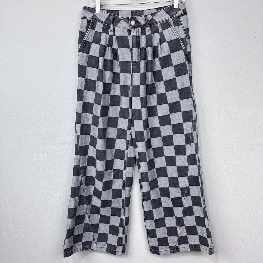 Checkered Wide Leg Trouser Jeans Women Size 8 Grey High Rise Pleated Front Pants - Picture 1 of 8